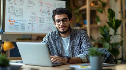Poster - A man with curly brown hair and a beard sits at a desk in front of a laptop. He is wearing glasses, a white shirt, and a plaid shirt. He is looking at the camera and smiling