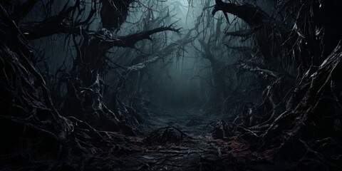 Poster - A dark forest with twisted trees and a creepy atmosphere