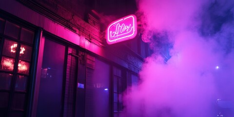 Poster - Neon sign, smoke, brick building, purple light.