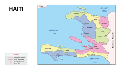 Wall Mural - Haiti Map. State and union territories of Haiti with neighbouring countries. Political map of Haiti with capital and important cities in Detailed.