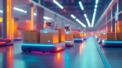 Aufkleber - A line of automated delivery robots move along a conveyor belt, each carrying packages. The robots are white and blue and have a scanning device on top
