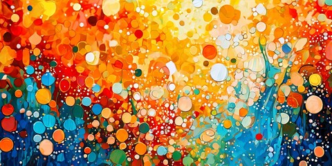 Poster - A painting of a colorful, abstract scene with many different colored circles