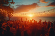 © Vovmar - Cinematic photograph of people dancing at sunset on the terrace with a panoramic sea view. Wedding party or vacation concept