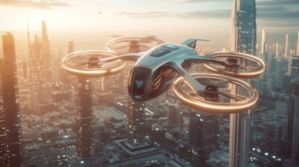 Poster - A futuristic drone with large, glowing propellers flies above a city. The drone is silver and gold, and it has a sleek, aerodynamic design