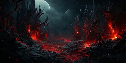 Poster - A dark, fiery landscape with a large red river running through it