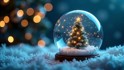 a close-up of a futuristic snow globe, containing a miniature quantum christmas tree. the tree is il