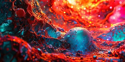 Poster - A colorful, abstract painting with a blue sphere in the center