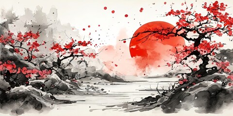 Poster - A painting of a red and white sunset with cherry blossoms in the foreground
