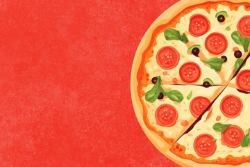 Poster - Pizza on red background aesthetic vector illustration