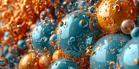 Poster - A bunch of gold and blue balls are scattered around each other
