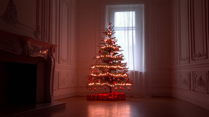 Illuminated Christmas tree in a warmly decorated room with gifts nearby during the festive season