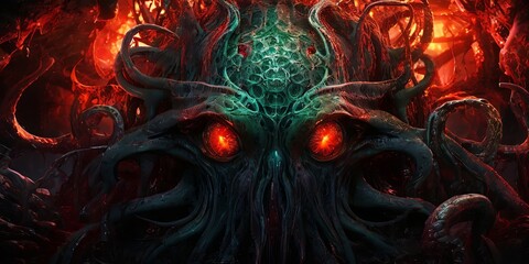 Poster - A monster with red eyes and green tentacles