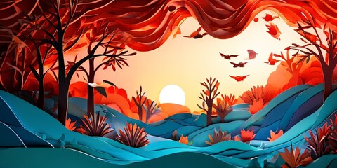 Poster - A paper cutout of a forest with a sunset in the background