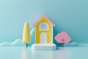 colorful house model, playful design, bright background, pastel colors, minimalistic style, whimsical decor, soft shapes, home concept, creative representation, childhood imagination