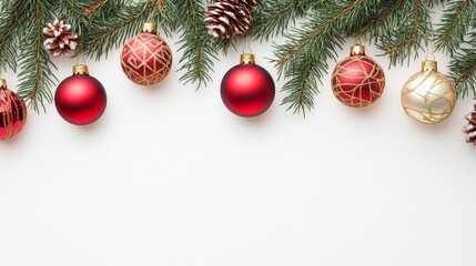 Festive arrangement of Christmas ornaments and pinecones on a white background.