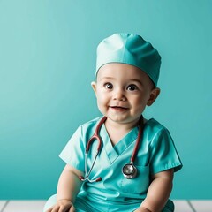 A child in a blue doctor's jumpsuit with a stethoscope, sitting on the floor