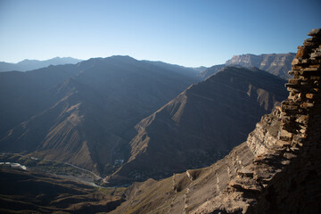 A village in the mountains on the banks of a river in Dagestan in the Caucasus