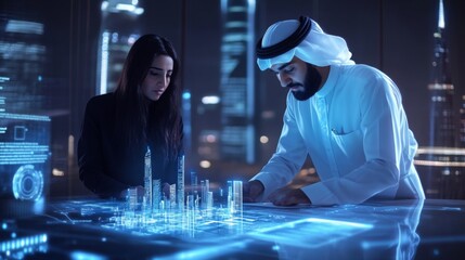 Aufkleber - Two people, a woman with long dark hair and a man wearing a traditional white robe, are working together. They stand over a large, glowing digital table, which shows a digital model of a city.