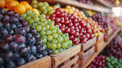 fresh grapes and various fruits in wooden crates at a local market, showcasing a variety of colors and textures.