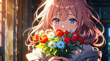 Wall Mural - Beautiful girl with colored hair holding flowers, anime style close up vertical background.