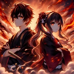 Wall Mural - Boy and girl, Anime couple with samurai uniform style smoke fire background Vertical.