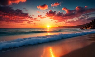 Wall Mural -  A close-up video of a beautiful seascape with a beautiful view of the setting sun and beautiful colorful cloud patterns = AI generated video