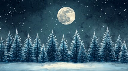 Wall Mural - Moonlit Pines, Evergreen trees