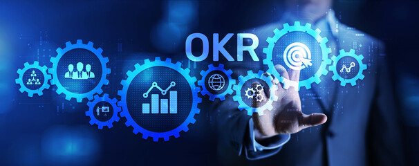 OKR Objective key result business finance concept on screen.