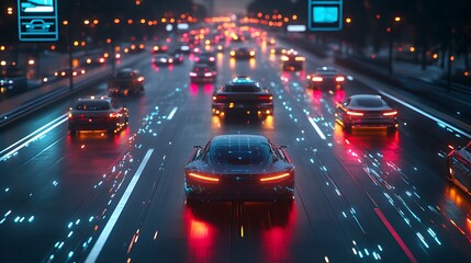 A futuristic city with autonomous vehicles navigating through traffic, holographic road signs displaying legal regulations, lawyers and AI systems discussing safety standards,