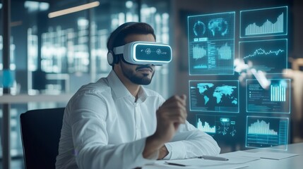 Leinwandbilder - A man wearing a white shirt, headphones, and a virtual reality headset is sitting at a desk in an office. He is looking at a screen with a series of data visualizations.