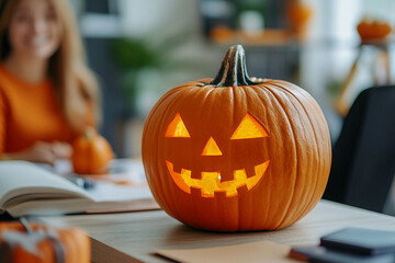 Halloween glowing pumpkin on a office desk generative AI