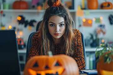 Wall Mural - office decorated in halloween style designed with generative ai