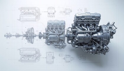 Detailed illustration of a mechanical engine with a technical blueprint background