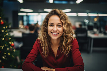 Poster - AI generated image of charming cheerful lady office staff on new year celebration