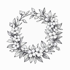 wreath of flowers, leaves
black and white vector frame illustration
set of decorative elements of plants background 