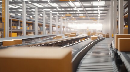 Fototapete - A bustling warehouse filled with organized rows of boxes on long conveyor belts as packages are efficiently moved and sorted