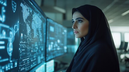 Aufkleber - A woman wearing a black headscarf is seated in an office looking intently at a large computer screen. The screen is displaying a world map and other data in a blue-toned color scheme.