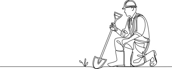 Wall Mural - continuous single line drawing of construction worker with shovel kneeling on ground, line art vector illustration