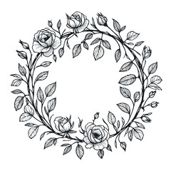 wreath of flowers, leaves
black and white vector frame illustration
set of decorative elements of plants background 