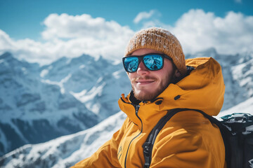 Generative AI portrait of a man enjoying a sunny winter day at a resort