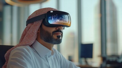 Poster - A man is engaged in using augmented reality glasses while seated at a desk in a modern office