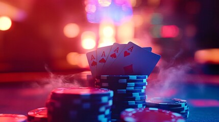 A vibrant display of a winning hand in poker with colorful chips and cards, capturing the excitement and thrill of the game in a casino atmosphere.