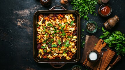 Discover beautifully seasoned cauliflower florets showcasing rich earthy tones, perfect for a hearty meal. Ideal for healthy dining and vibrant presentation.