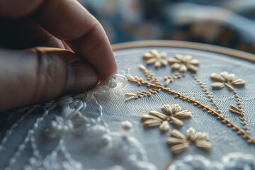 A person is skillfully embroidering a floral design on a soft blue fabric generative AI image