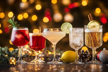 Festive Holiday Cocktails. Glasses of cocktails with Christmas decoration on bokeh lights background. Season drink set. Vibrant colorful display of various winter cocktails for New Year celebrations