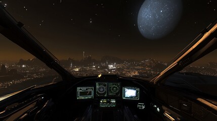 Poster - Futuristic Spaceship Cockpit View of a City at Night