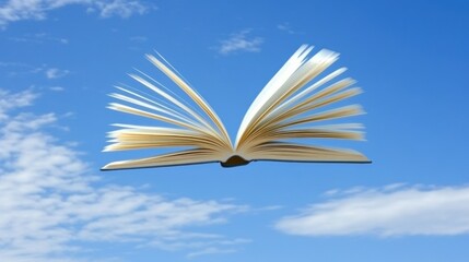 Poster - Open Book Floating in a Blue Sky with White Clouds