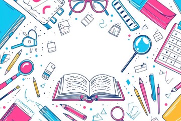 Poster - Illustration of an open book surrounded by vibrant stationery on a white background representing creativity and education