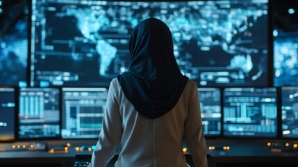 Poster - A woman wearing a hijab stands in front of multiple screens filled with digital maps and data analytics in a control room