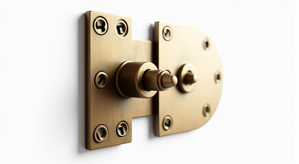 A gold hinge with six holes is shown on a white background